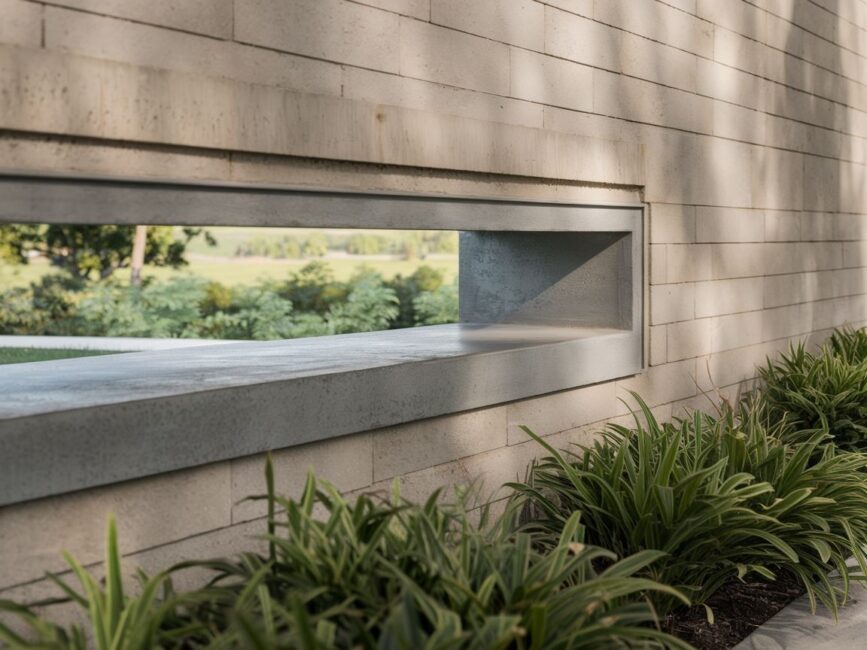 Nowoczesny dom z detalem parapetu zewnętrznego